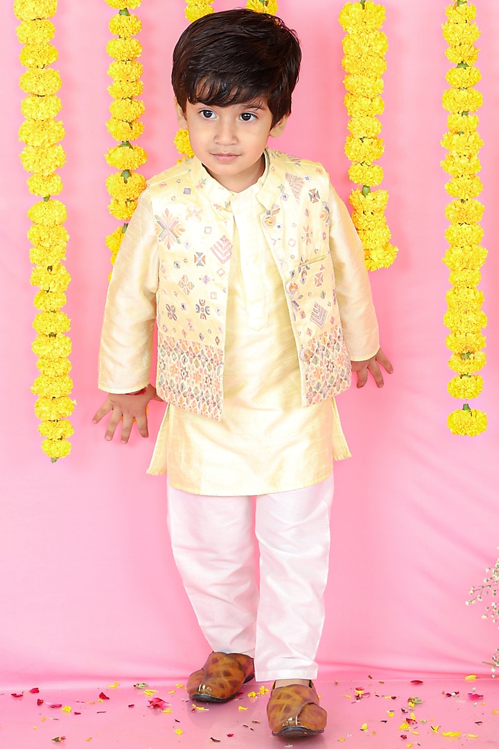 Yellow Silk & Cotton Silk Embroidered Jacket With Kurta Set For Boys by  Kirti Agarwal Pret n Couture