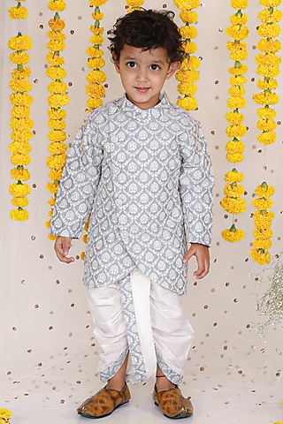 White Silk & Cotton Silk Dhoti Set For Boys by Kirti Agarwal Pret n Couture