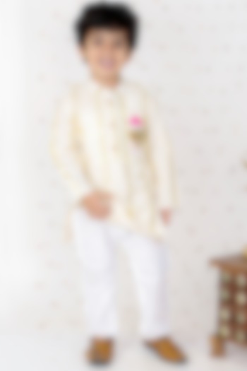Gold Chanderi & Cotton Silk Embroidered Kurta Set For Boys by  Kirti Agarwal Pret n Couture