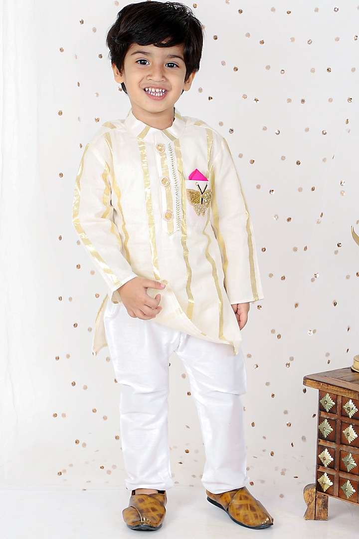 Gold Chanderi & Cotton Silk Embroidered Kurta Set For Boys by  Kirti Agarwal Pret n Couture