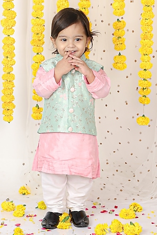 Green Silk Embroidered Jacket With Kurta Set For Boys by Kirti Agarwal Pret n Couture
