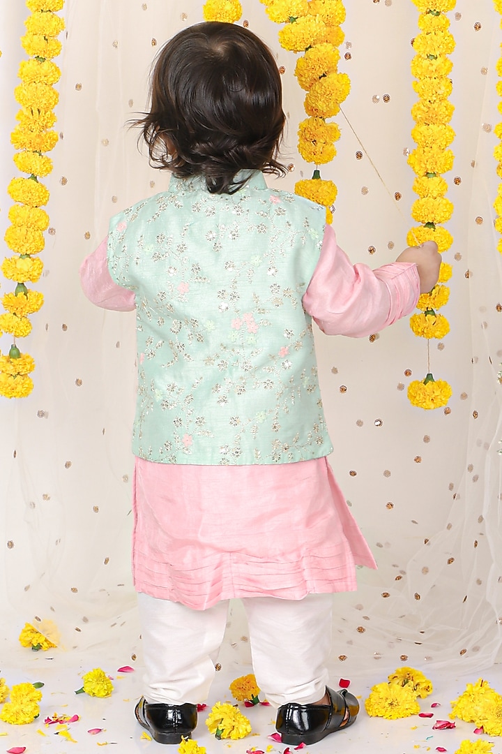Green Silk Embroidered Jacket With Kurta Set For Boys by Kirti Agarwal Pret n Couture at Pernia's Pop Up Shop