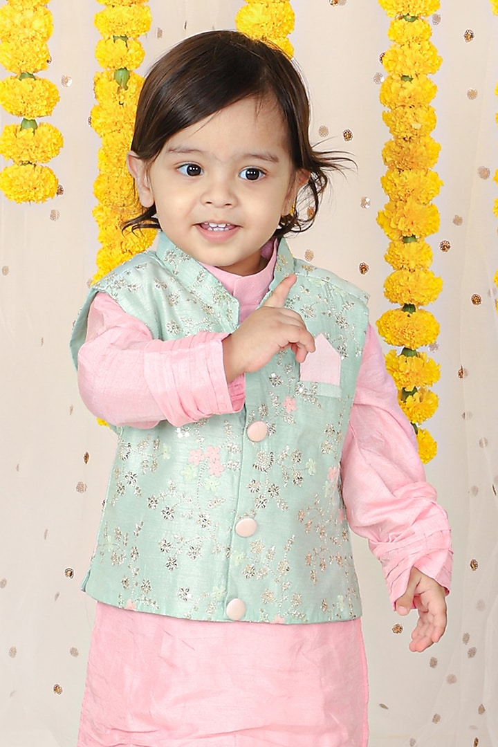 Green Silk Embroidered Jacket With Kurta Set For Boys by Kirti Agarwal Pret n Couture at Pernia's Pop Up Shop