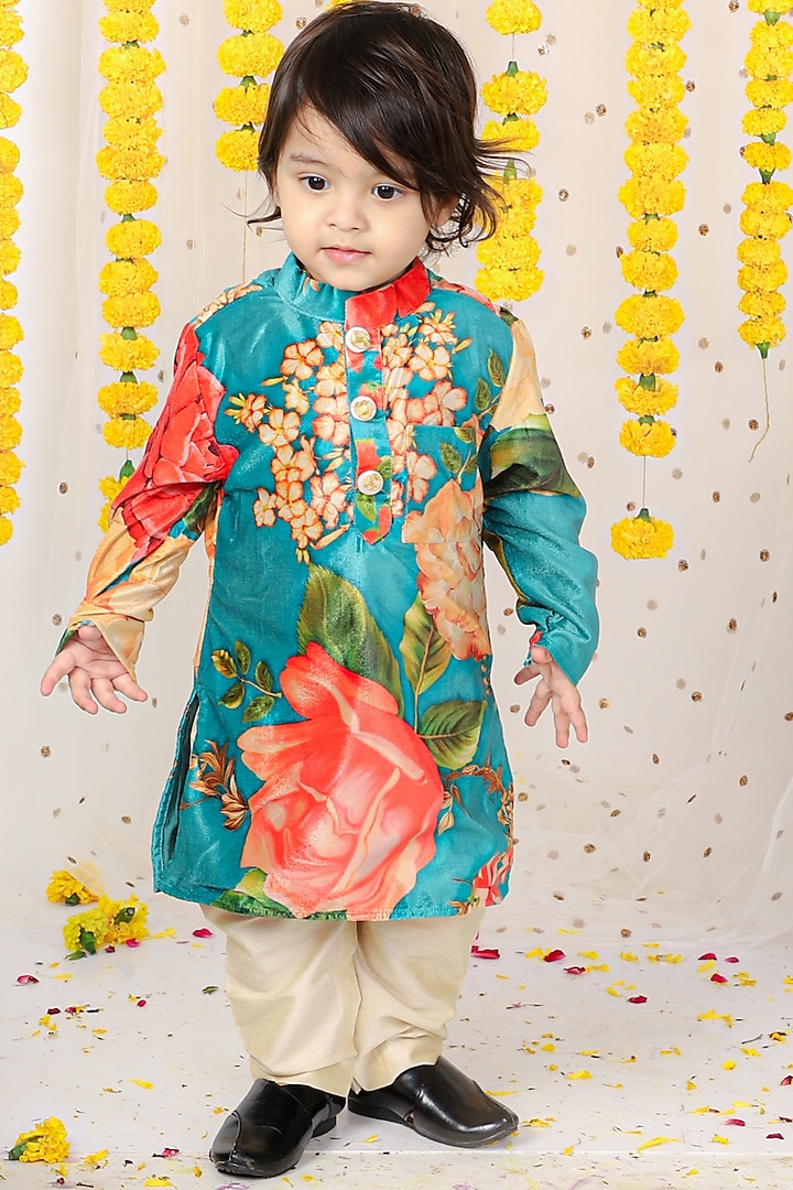 Multi-Colored Velvet Floral Printed Kurta Set For Boys by  Kirti Agarwal Pret n Couture