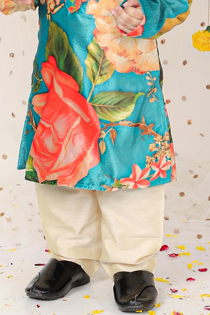 Multi-Colored Velvet Floral Printed Kurta Set For Boys by Kirti Agarwal Pret n Couture at Pernia's Pop Up Shop