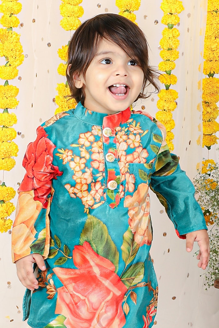 Multi-Colored Velvet Floral Printed Kurta Set For Boys by Kirti Agarwal Pret n Couture at Pernia's Pop Up Shop