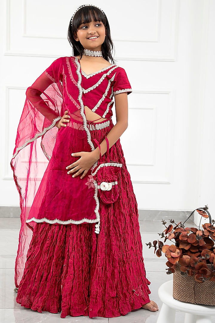 Maroon Chanderi Crushed Lehenga Set For Girls by Kirti Agarwal Pret n Couture