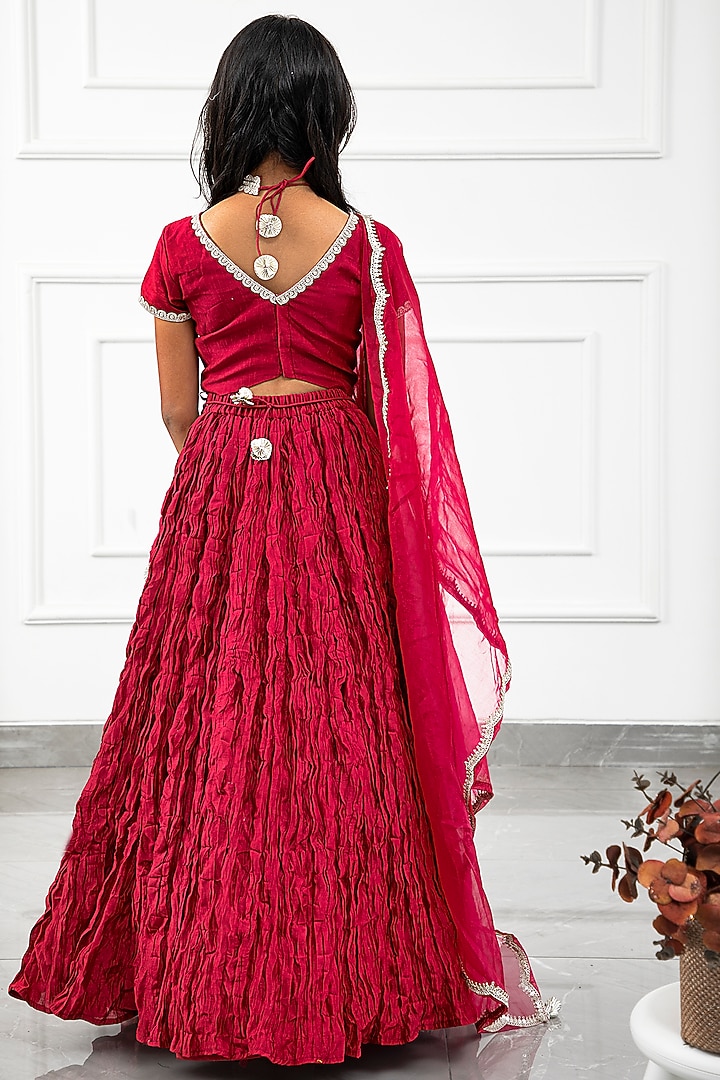 Maroon Chanderi Crushed Lehenga Set For Girls by Kirti Agarwal Pret n Couture at Pernia's Pop Up Shop