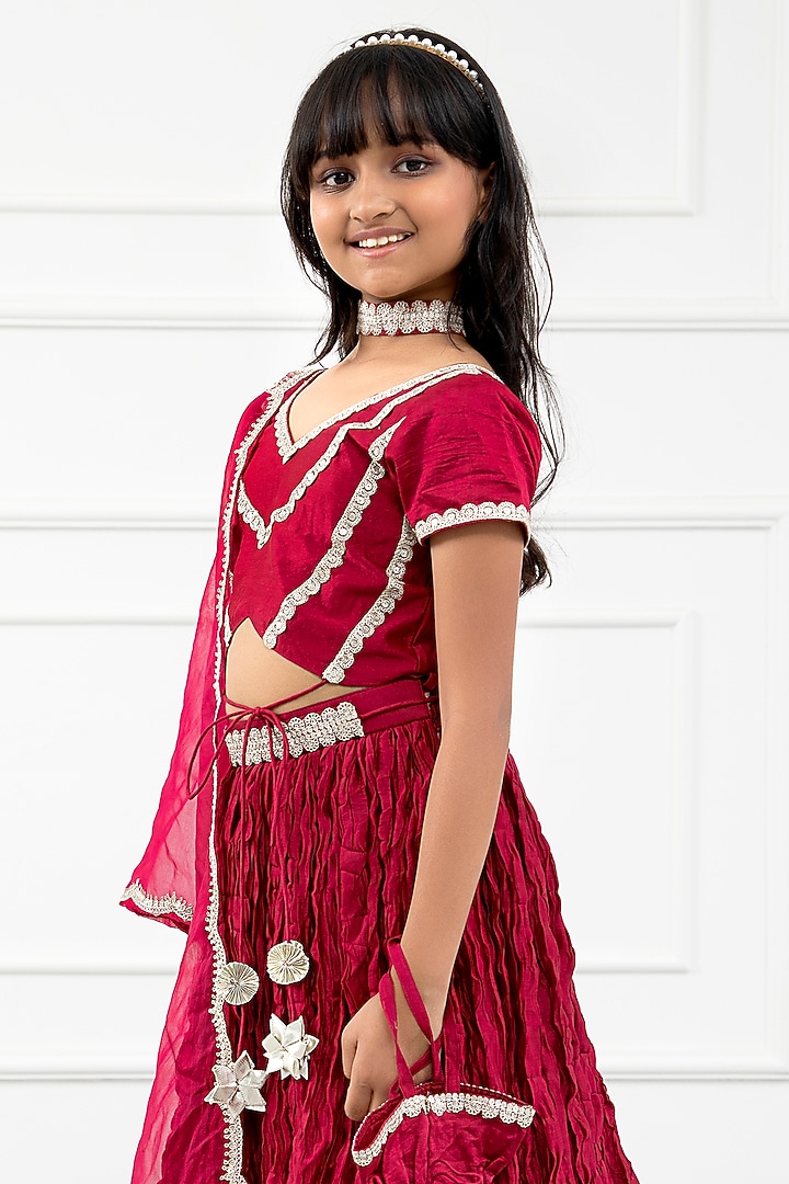 Maroon Chanderi Crushed Lehenga Set For Girls by Kirti Agarwal Pret n Couture at Pernia's Pop Up Shop