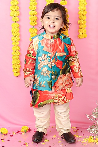 Multi-Colored Velvet Floral Printed Kurta Set For Boys by Kirti Agarwal Pret n Couture
