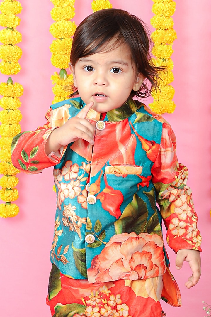 Multi-Colored Velvet Floral Printed Kurta Set For Boys by Kirti Agarwal Pret n Couture at Pernia's Pop Up Shop