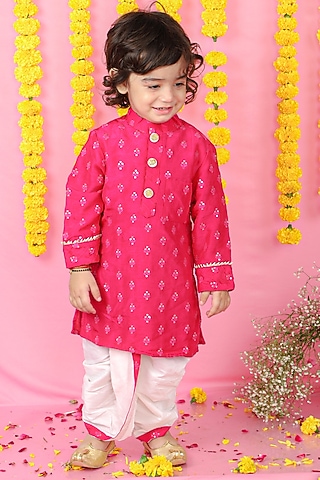 White Silk & Cotton Silk Dhoti Set For Boys by Kirti Agarwal Pret n Couture