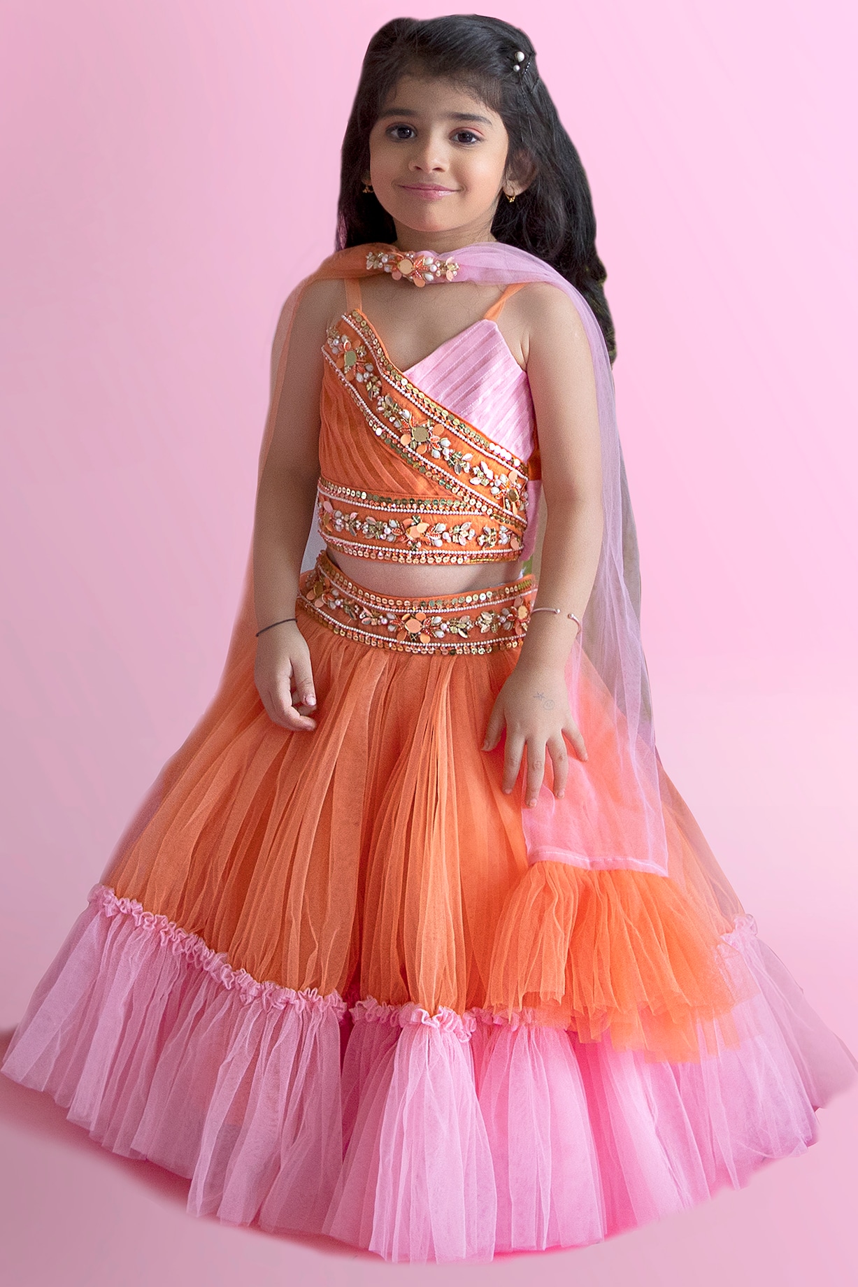 Orange & Baby Pink Net Embroidered Ruffled Lehenga Set For Girls by Kirti  Agarwal Pret n Couture at Pernia's Pop Up Shop 2026