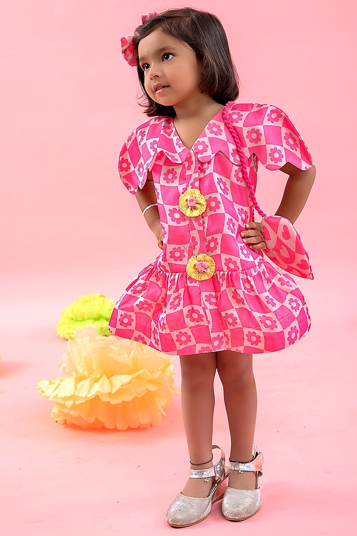 Pink Linen Satin Floral Printed Dress For Girls by Kirti Agarwal Pret n Couture