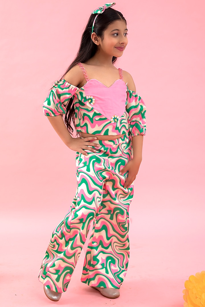Pink & Green Linen Satin Printed Co-Ord Set For Girls by Kirti Agarwal Pret n Couture