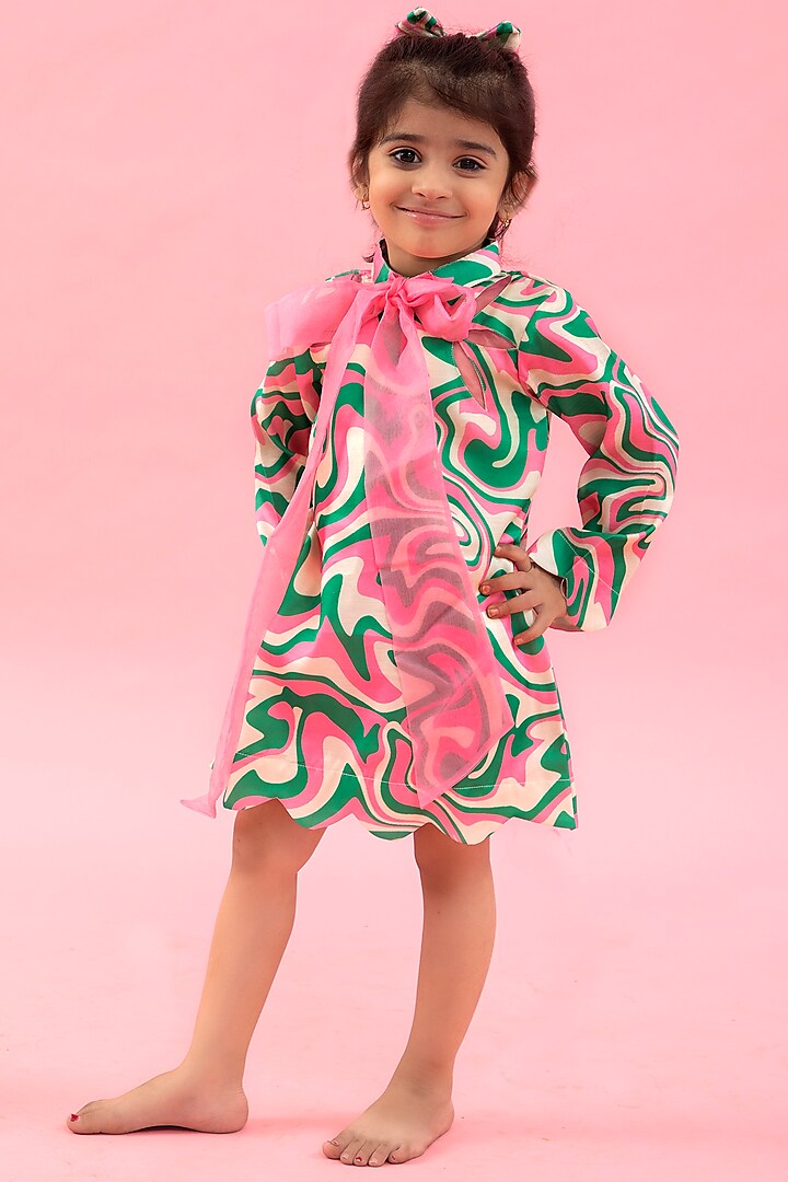 Pink & Green Linen Satin Printed Dress For Girls by Kirti Agarwal Pret n Couture