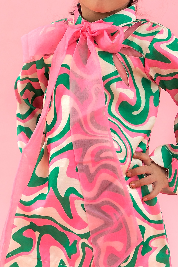 Pink & Green Linen Satin Printed Dress For Girls by Kirti Agarwal Pret n Couture at Pernia's Pop Up Shop