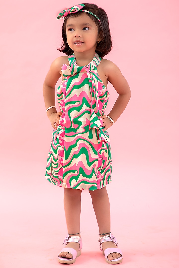 Pink & Green Linen Satin Printed Dress For Girls by Kirti Agarwal Pret n Couture