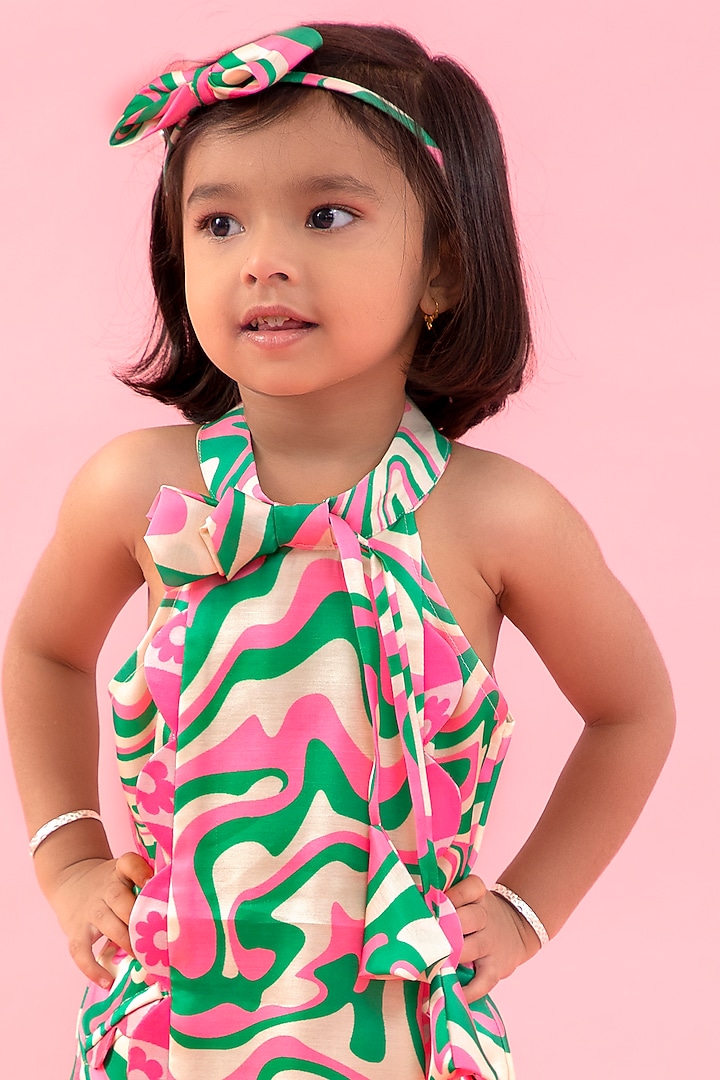 Pink & Green Linen Satin Printed Dress For Girls by Kirti Agarwal Pret n Couture at Pernia's Pop Up Shop