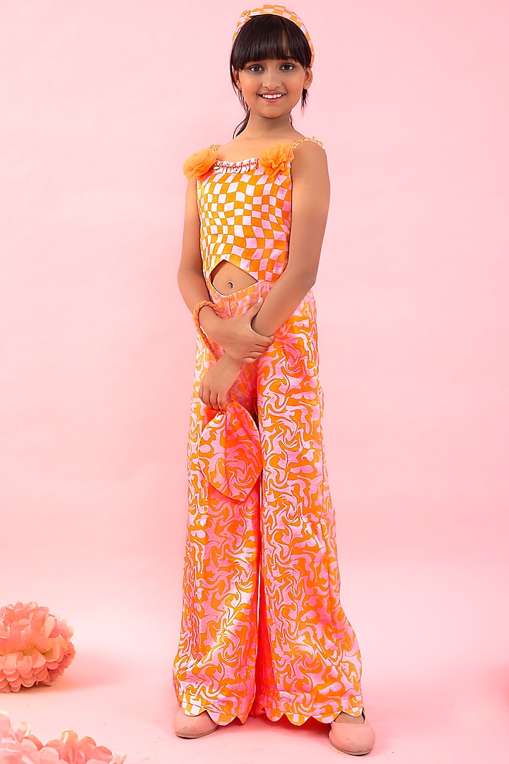 Orange Linen Satin Printed Jumpsuit With Sling Bag For Girls by Kirti Agarwal Pret n Couture