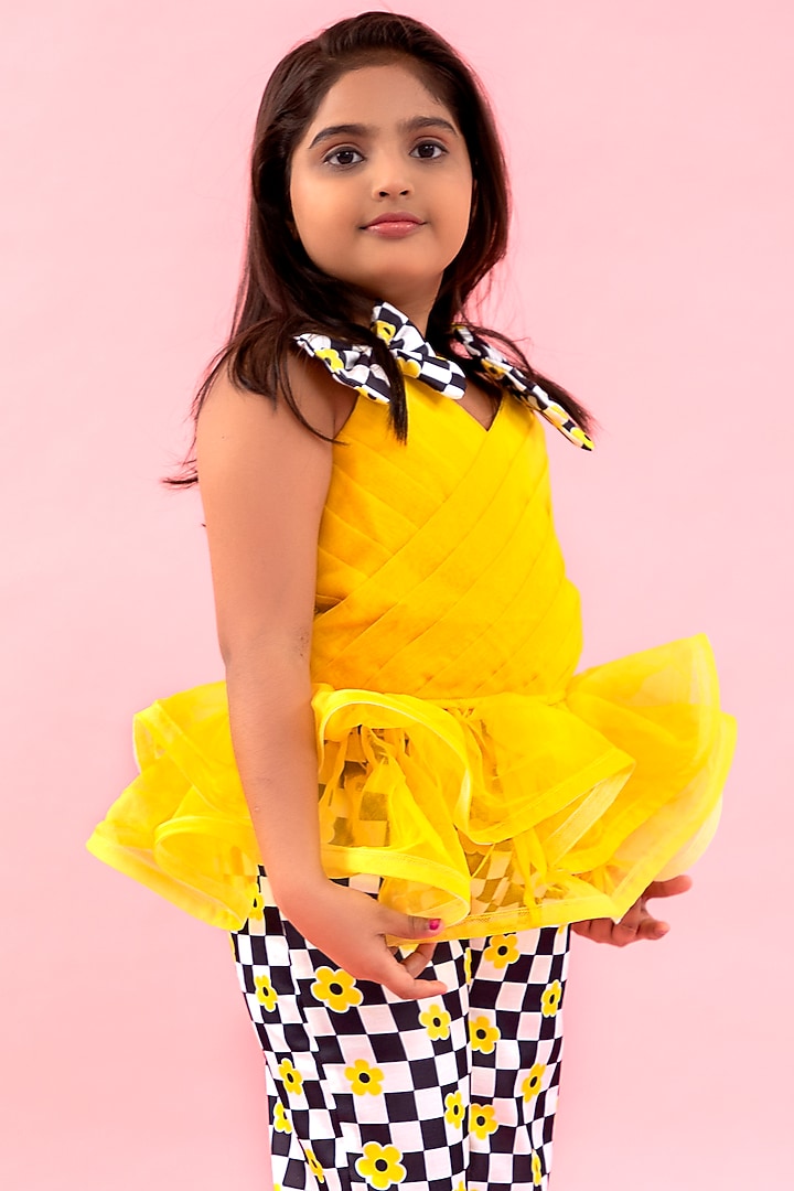 Black & White Linen Satin Checkered Pant Set For Girls by Kirti Agarwal Pret n Couture at Pernia's Pop Up Shop