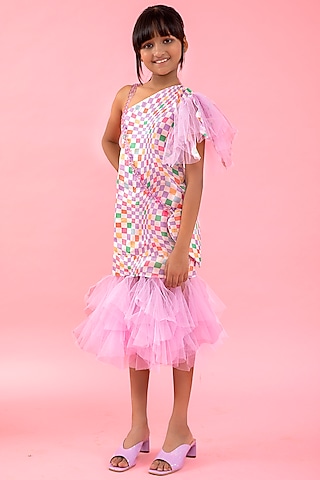 Lavender Linen Satin & Net Checkered Dress For Girls by Kirti Agarwal Pret n Couture