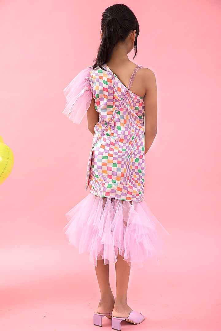 Lavender Linen Satin & Net Checkered Dress For Girls by Kirti Agarwal Pret n Couture at Pernia's Pop Up Shop