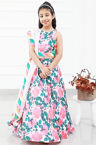 Multi-Colored Modal Satin Floral Printed Lehenga Set For Girls by Kirti Agarwal Pret n Couture