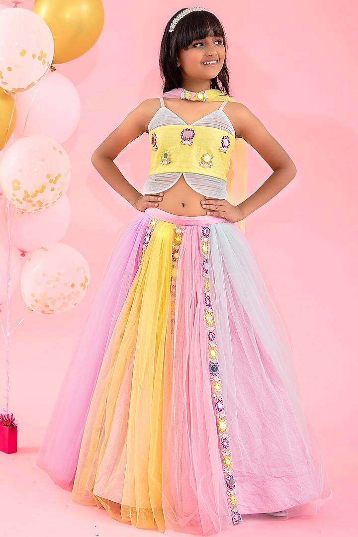 Multi-Colored Net & Art Silk Embroidered Lehenga Set For Girls by  Kirti Agarwal Pret n Couture
