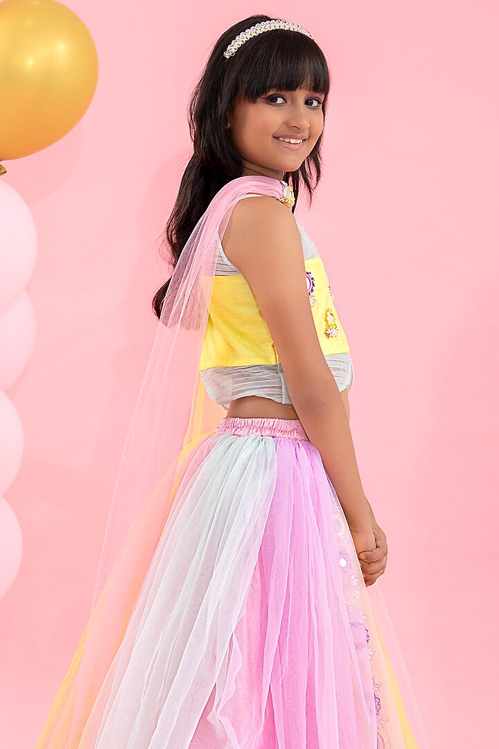 Multi-Colored Net & Art Silk Embroidered Lehenga Set For Girls by Kirti Agarwal Pret n Couture at Pernia's Pop Up Shop