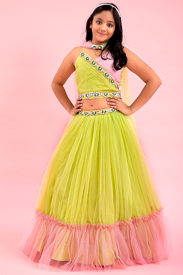 Green Net & Art Silk Embroidered Lehenga Set For Girls by  Kirti Agarwal Pret n Couture at Pernia's Pop Up Shop