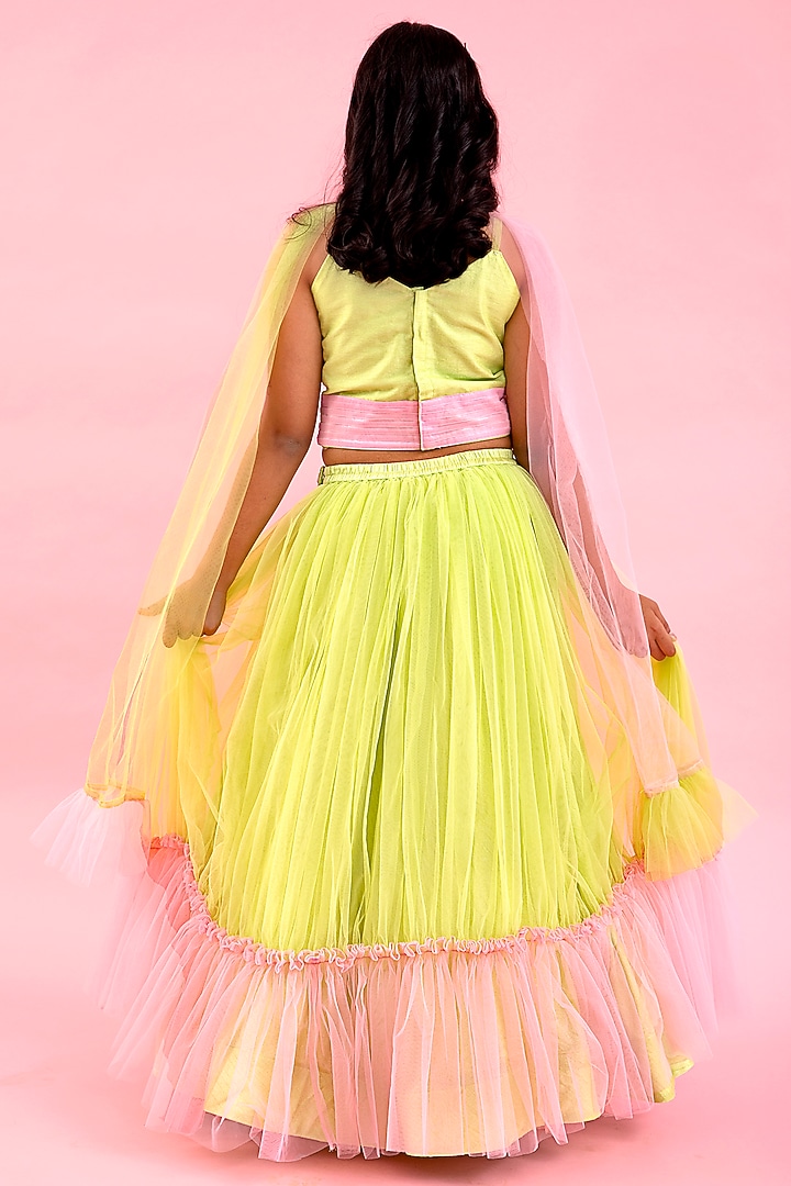 Green Net & Art Silk Embroidered Lehenga Set For Girls by Kirti Agarwal Pret n Couture at Pernia's Pop Up Shop