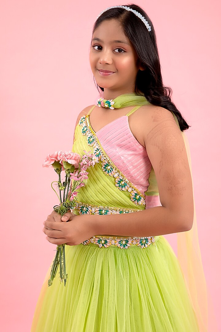 Green Net & Art Silk Embroidered Lehenga Set For Girls by Kirti Agarwal Pret n Couture at Pernia's Pop Up Shop
