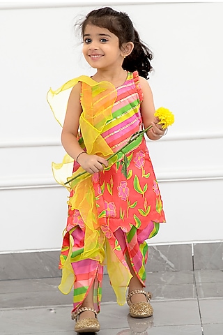 Coral Pink Modal Satin & Organza Floral Printed Dhoti Set For Girls by Kirti Agarwal Pret n Couture