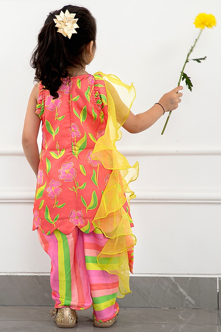 Coral Pink Modal Satin & Organza Floral Printed Dhoti Set For Girls by Kirti Agarwal Pret n Couture at Pernia's Pop Up Shop