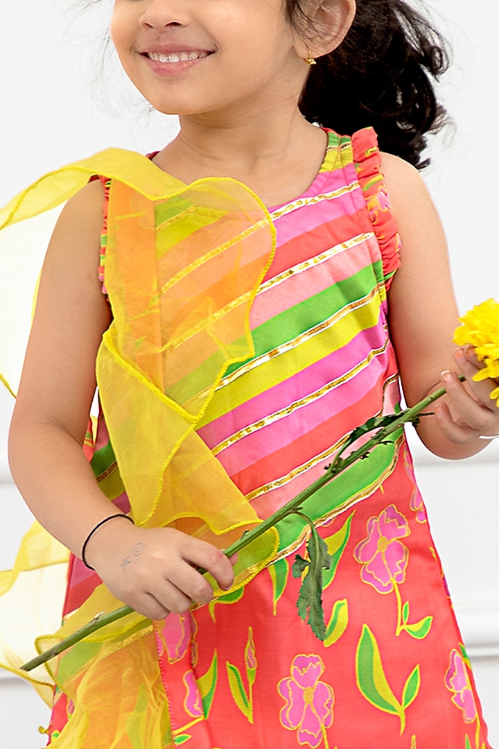 Coral Pink Modal Satin & Organza Floral Printed Dhoti Set For Girls by Kirti Agarwal Pret n Couture at Pernia's Pop Up Shop
