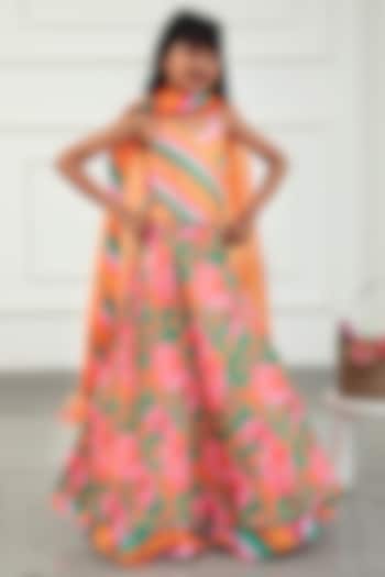 Pink Modal Satin & Organza Floral Printed Lehenga Set For Girls by Kirti Agarwal Pret n Couture at Pernia's Pop Up Shop
