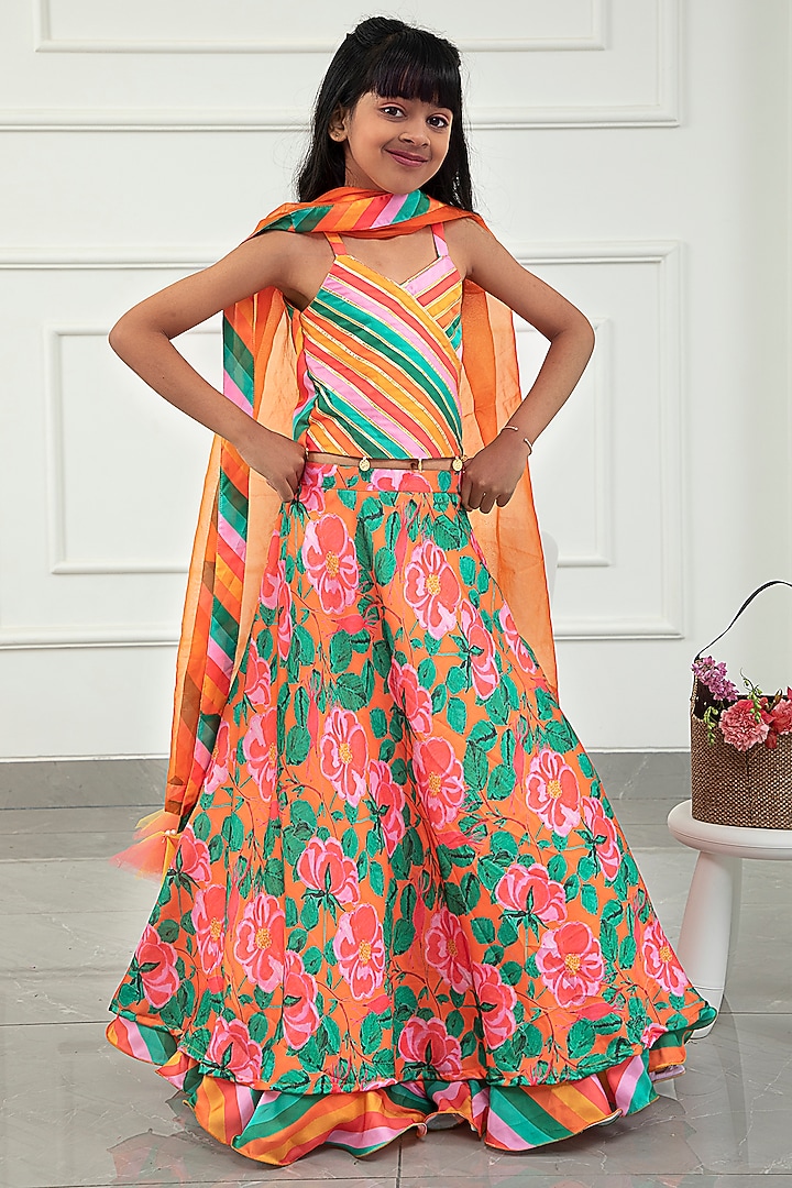 Pink Modal Satin & Organza Floral Printed Lehenga Set For Girls by Kirti Agarwal Pret n Couture at Pernia's Pop Up Shop