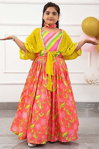Multi-Colored Georgette & Modal Satin Printed Jacket Lehenga Set For Girls by Kirti Agarwal Pret n Couture