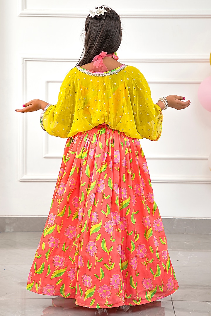 Multi-Colored Georgette & Modal Satin Printed Jacket Lehenga Set For Girls by Kirti Agarwal Pret n Couture at Pernia's Pop Up Shop