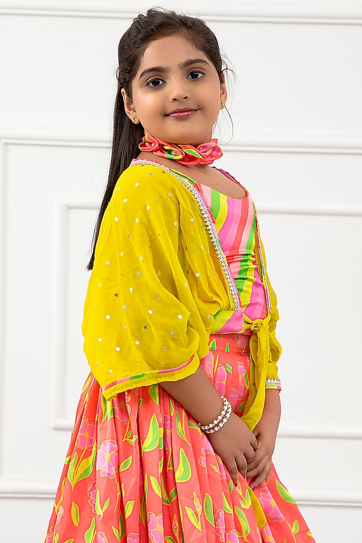 Multi-Colored Georgette & Modal Satin Printed Jacket Lehenga Set For Girls by Kirti Agarwal Pret n Couture at Pernia's Pop Up Shop