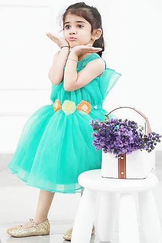 Green Organza & Silk Embellished Dress For Girls by Kirti Agarwal Pret n Couture