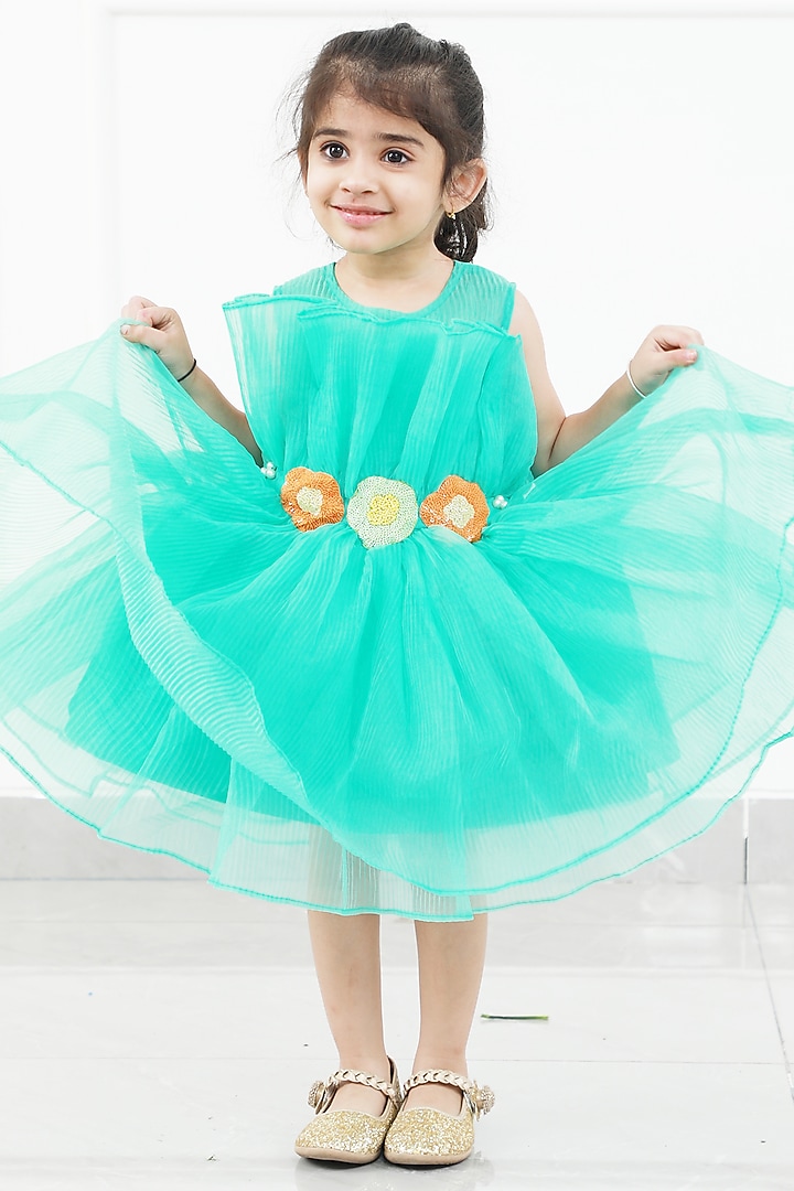 Green Organza & Silk Embellished Dress For Girls by Kirti Agarwal Pret n Couture at Pernia's Pop Up Shop