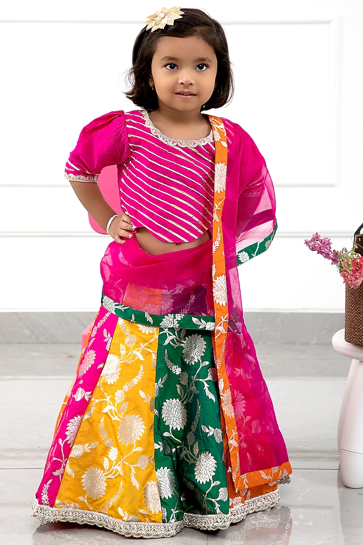 Multi-Colored Brocade & Organza Printed Lehenga Set For Girls by Kirti Agarwal Pret n Couture at Pernia's Pop Up Shop