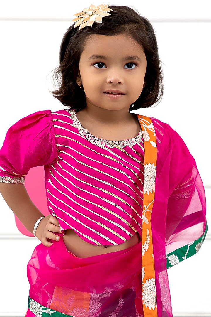 Multi-Colored Brocade & Organza Printed Lehenga Set For Girls by Kirti Agarwal Pret n Couture at Pernia's Pop Up Shop