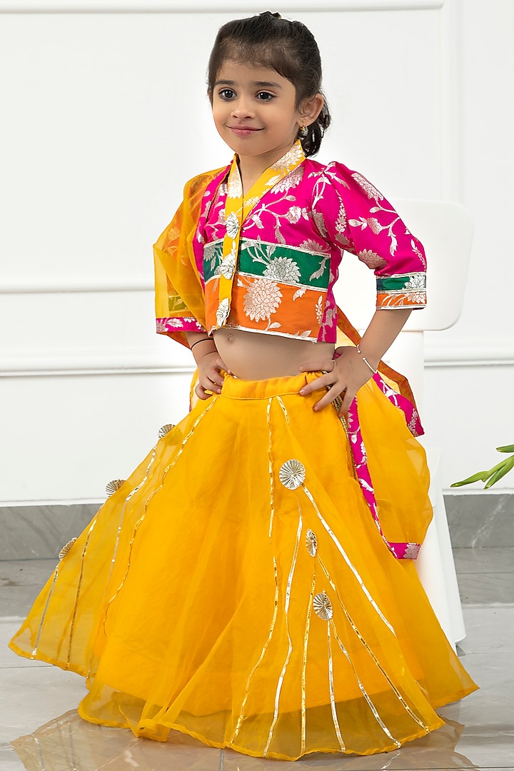 Yellow Brocade & Organza Embroidered Lehenga Set For Girls by Kirti Agarwal Pret n Couture at Pernia's Pop Up Shop