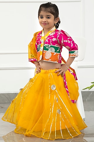 Yellow Brocade & Organza Embroidered Lehenga Set For Girls by Kirti Agarwal Pret n Couture