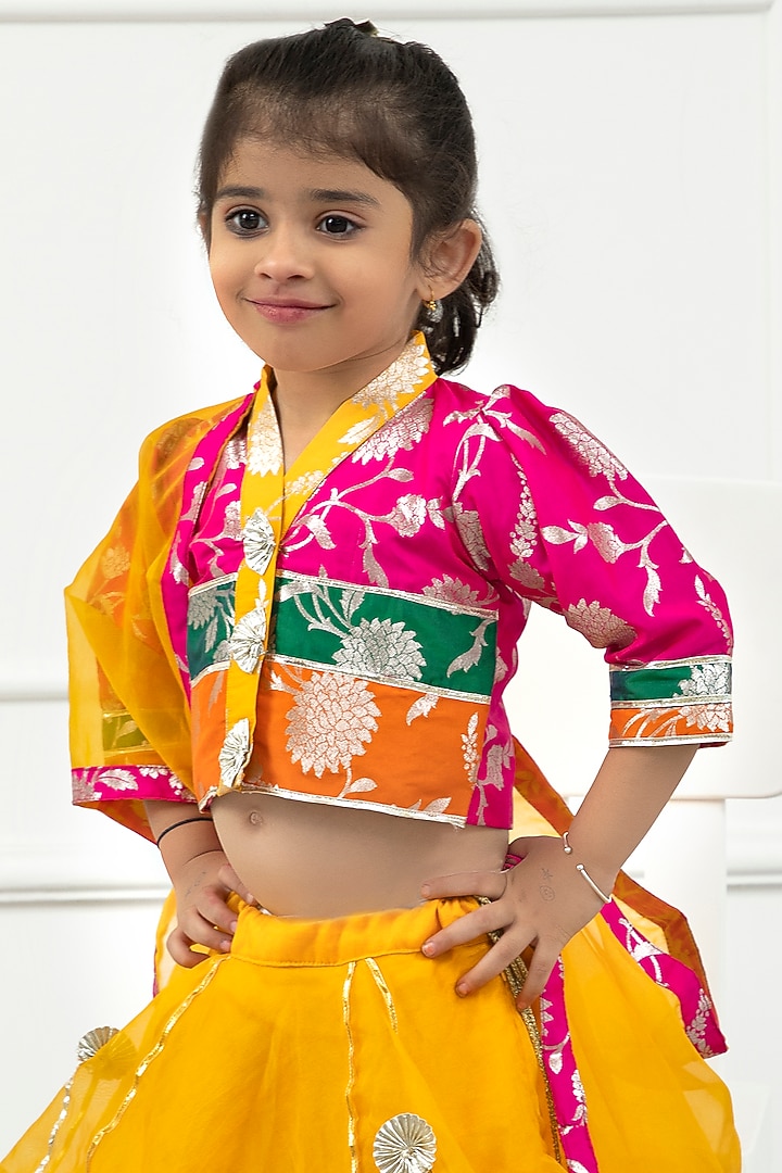 Yellow Brocade & Organza Embroidered Lehenga Set For Girls by Kirti Agarwal Pret n Couture at Pernia's Pop Up Shop
