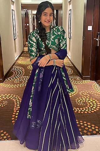 Blue Organza & Brocade Embroidered Lehenga Set For Girls by Kirti Agarwal Pret n Couture