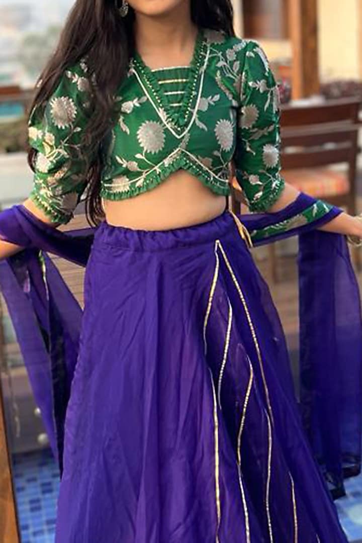 Blue Organza & Brocade Embroidered Lehenga Set For Girls by Kirti Agarwal Pret n Couture at Pernia's Pop Up Shop